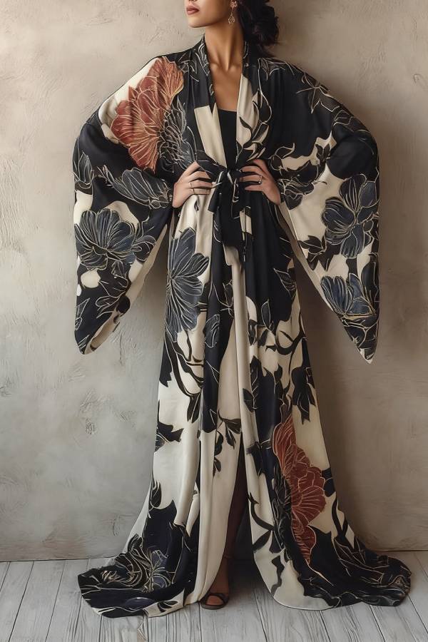 Retro Print Tie-Waist Loose Robe Cardigan