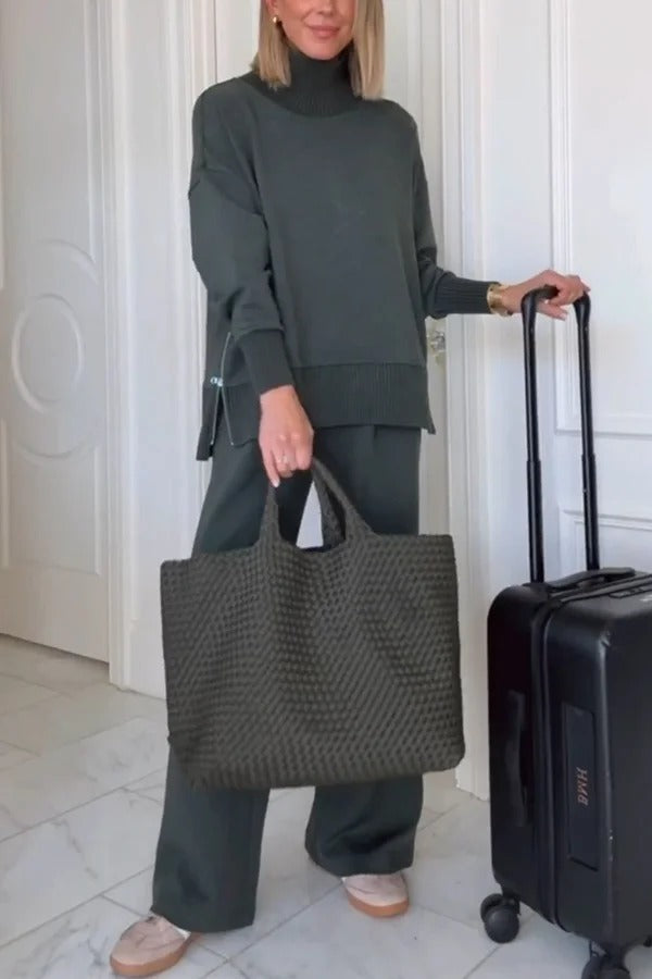 Barker High-Neck Long Sleeve Side Zipper Sweatshirt and Elastic Waist Pocketed Loose Pants Set