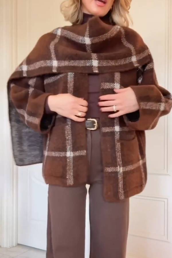 SHORT CHECK KNIT COAT WITH SCARF DETAIL