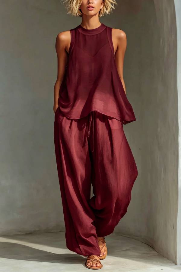 Crew Neck Sleeveless A-Line Top + Elastic Waist Wide-Leg Pants Set