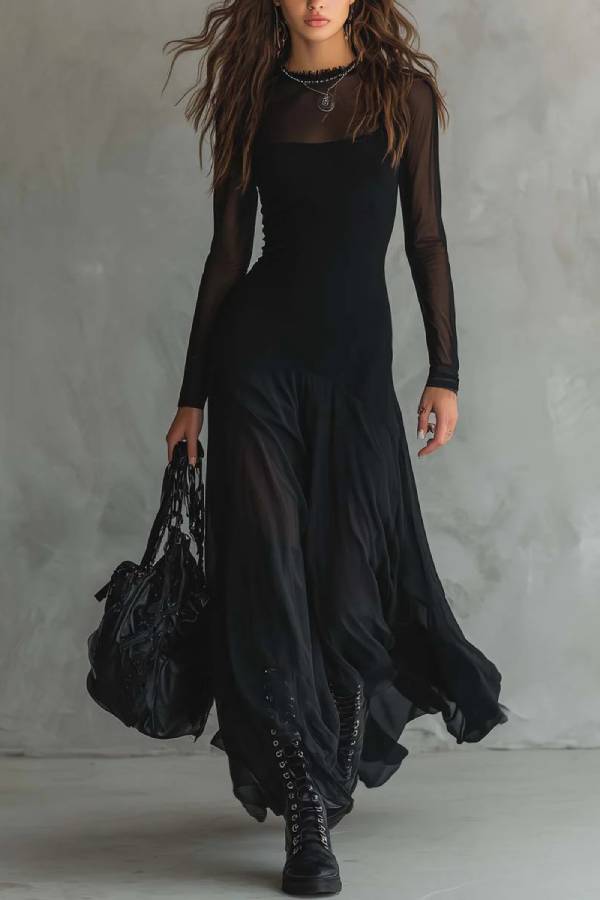 Black Tulle Patchwork Loose-fitting Maxi Dress