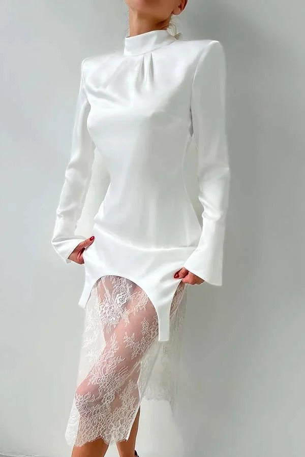 Melissa Satin High Neck Long Sleeve Curved Hem Top and Lace Midi Skirt Set