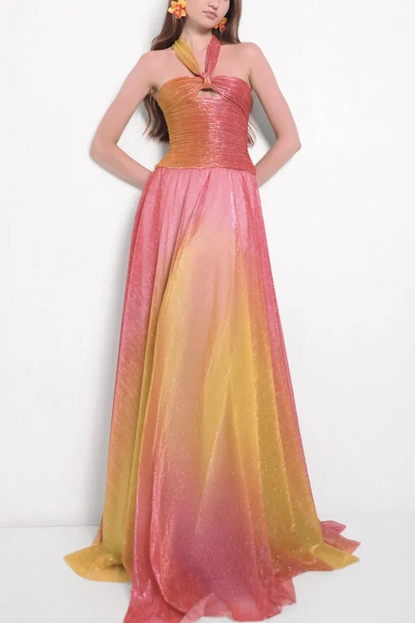 Vireya Metallic Fabric Gradient Print Ruched Cutout Halter Maxi Dress