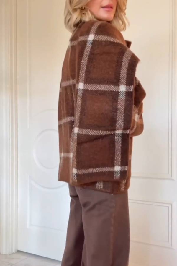 SHORT CHECK KNIT COAT WITH SCARF DETAIL