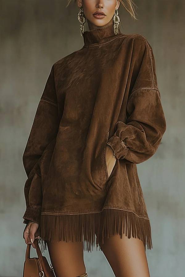 Faux Suede Turtleneck Dress With Fringe Hem