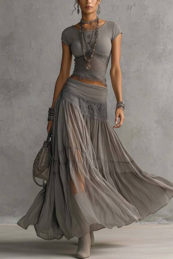 Lace-Trim Knit Top & Pleated Chiffon Maxi Skirt Set