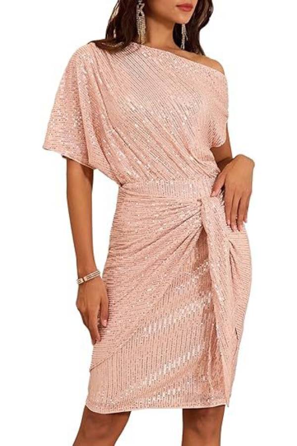 One-shoulder sequined twisted fitted party dress