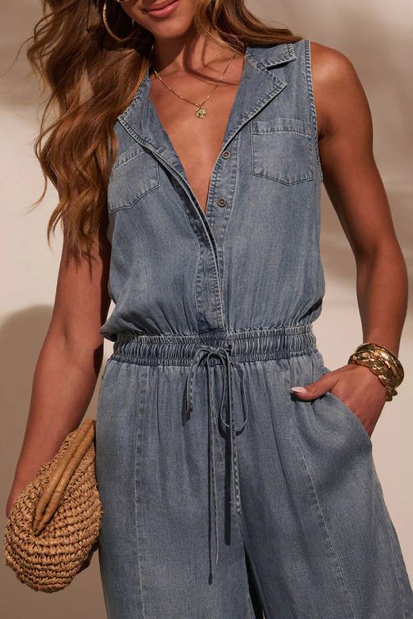 Sleeveless collared drawstring denim jumpsuit