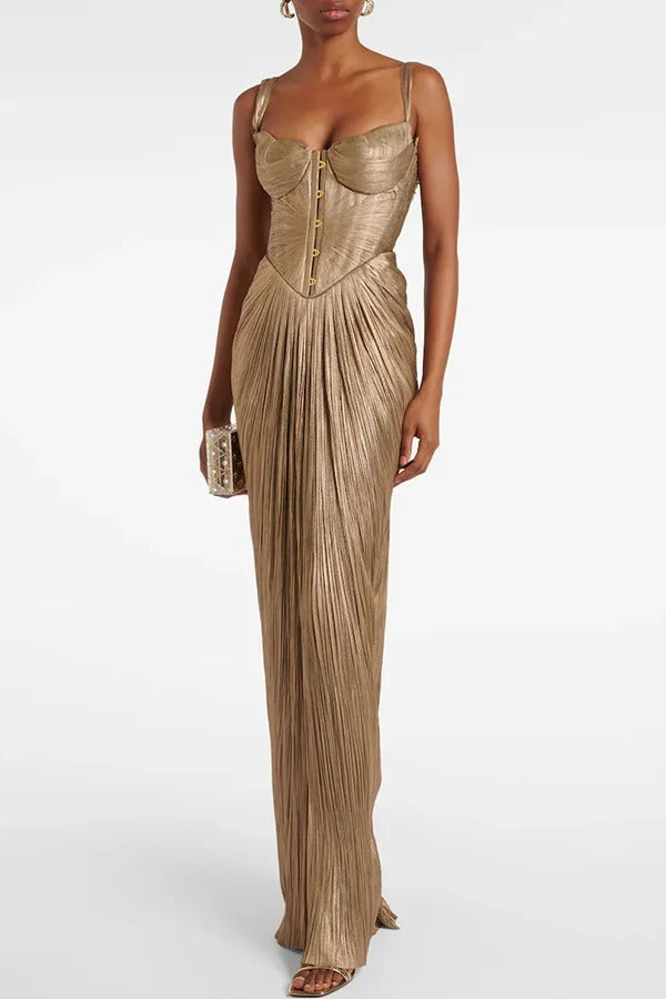 Vegas Queen Metallic Pleated Sculpted Bodice Back Lace-up Drape Maxi Dress