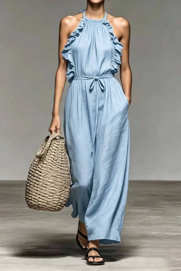 Halter Ruffle Trim Tie Waist Linen Wide Leg Jumpsuit