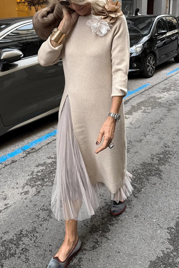 Jollie Knit Long Sleeve Front Slit Midi Sweater and Pleated Tulle Stretch Tank Midi Dress Two-piece Set