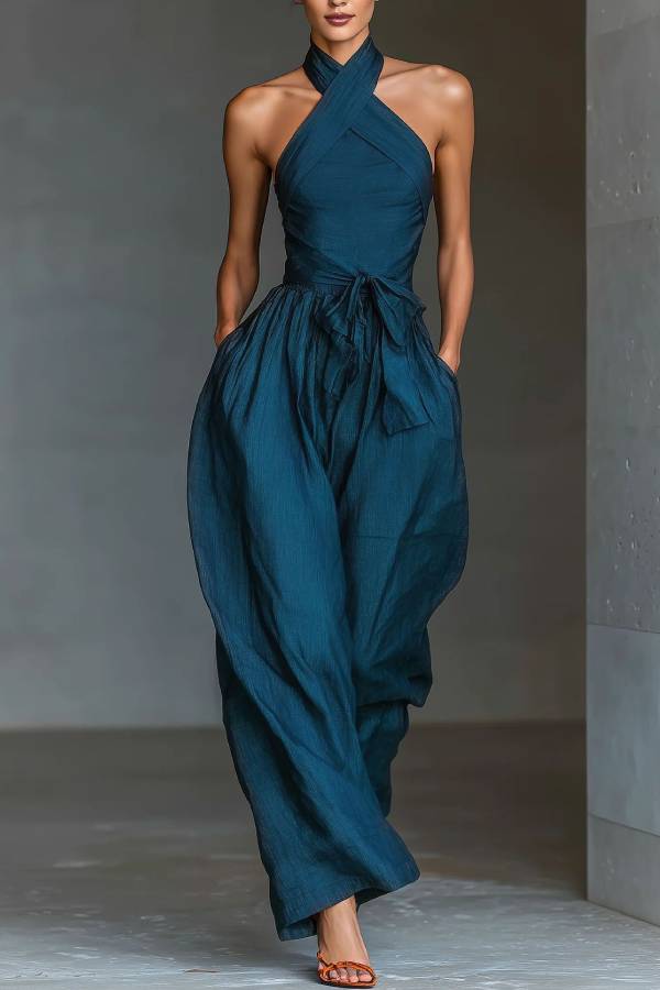 Halter Cross-Tie Waisted Wide-Leg Jumpsuit