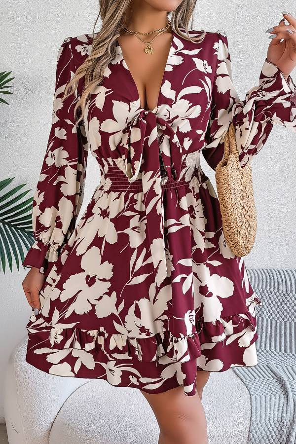 Floral print deep V long sleeve fitted waist ruffle dress