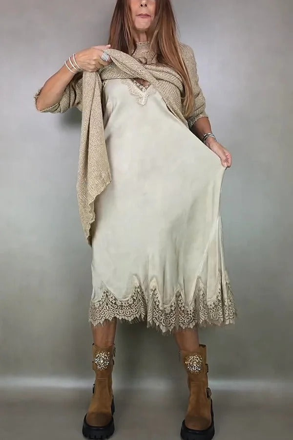 Fashionable V-neck Suspender Lace Splicing Casual Midi Dress