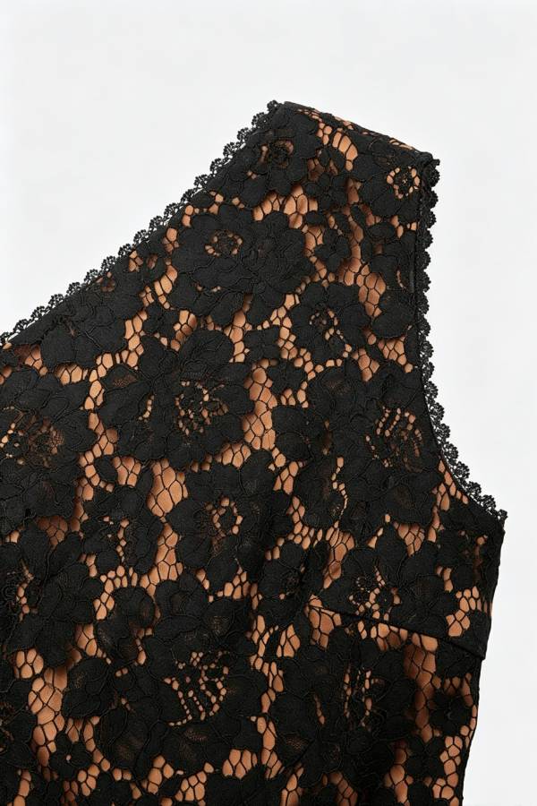 Rachel Floral Lace One Shoulder Satin Hem Sheath Midi Dress