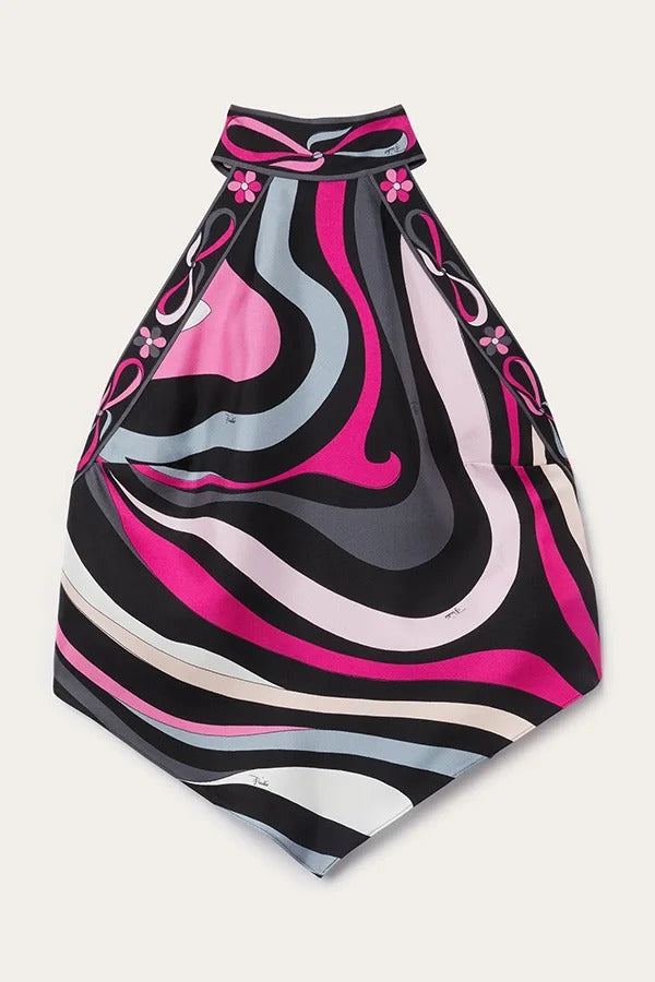 Satin Unique Print Halter Top and Irregular Midi Skirt Set