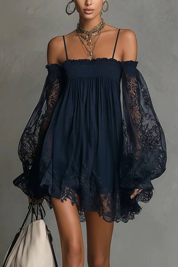 Spaghetti Strap Off-Shoulder Lace Lantern Sleeve Mini Dress