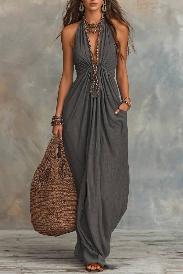 Boho Dark Grey Textured Halter Maxi Dress
