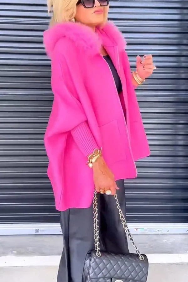 Warm Call Knit Long Sleeve Zipper Plush Hooded Pocket Loose Cardigan