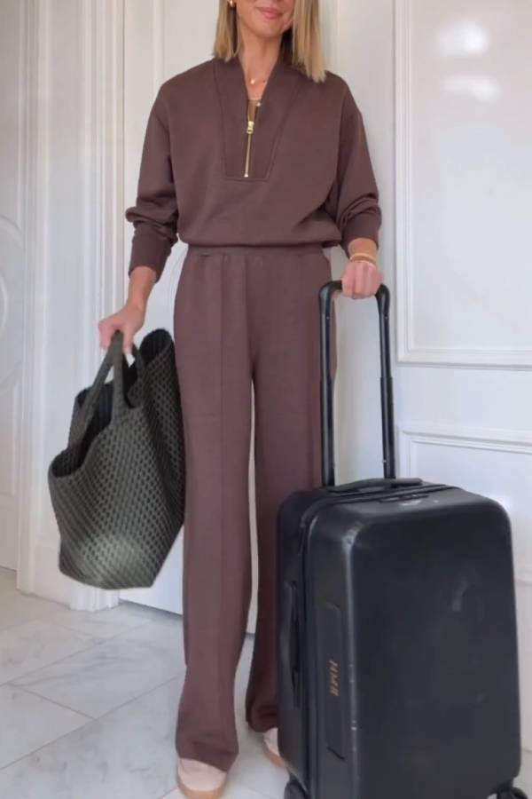Brown half-zip casual sweatshirt and wide-leg pants set