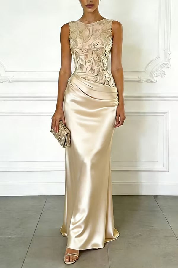 Vera Mesh Embroidery Satin Ruched Crew Neck Sleeveless Gown Maxi Dress