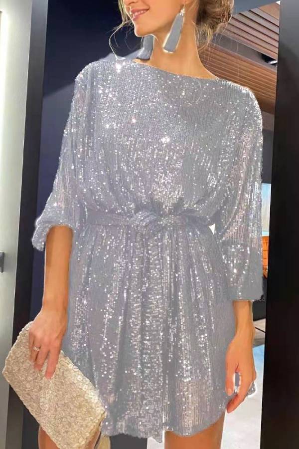 Sequined Tie-Waist Long-Sleeved Party Dress
