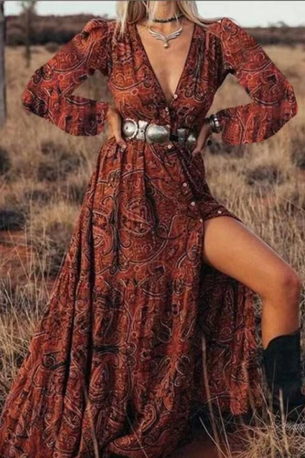 Paisley pattern deep V-neck slit bohemian maxi dress