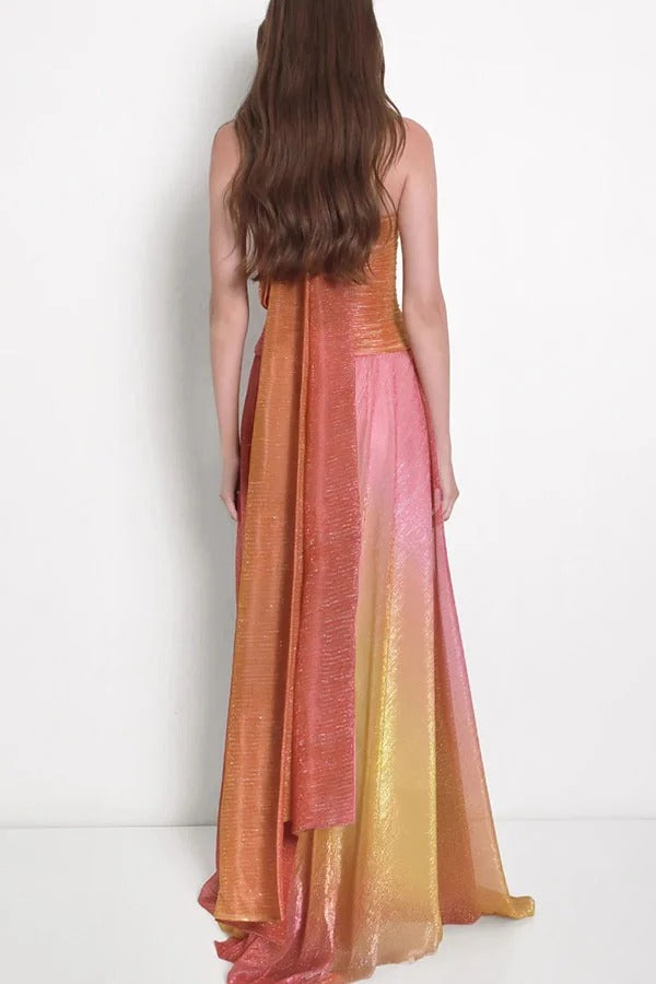 Vireya Metallic Fabric Gradient Print Ruched Cutout Halter Maxi Dress