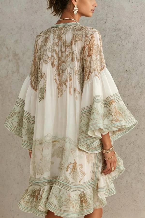 Mini Dress with Flared Sleeves and Printed Ruffles