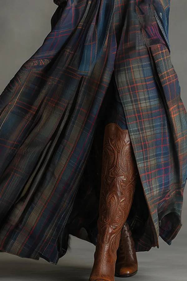 Retro Ethnic Style Blue Faux Suede Plaid Maxi Dress