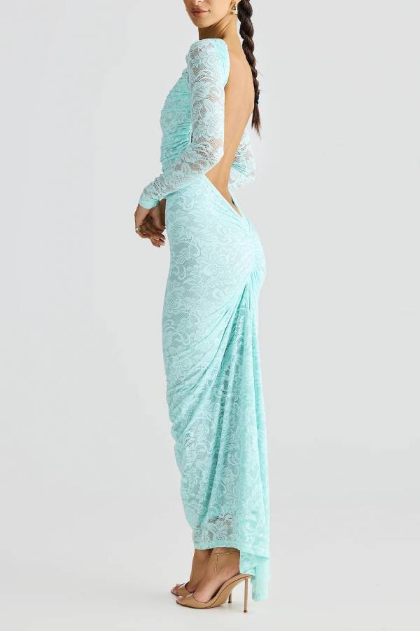 Lace pleated open back slim long dress