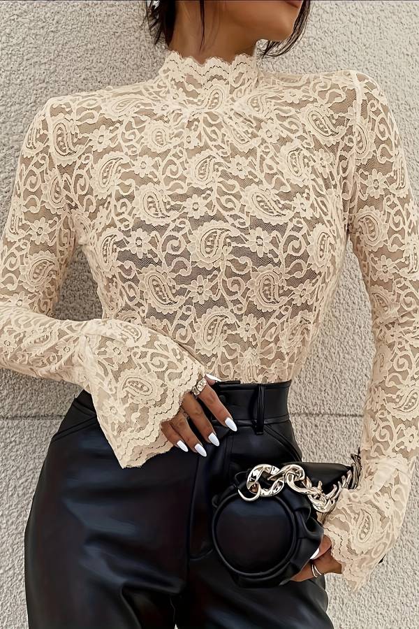 High-neck lace flared sleeves see-through top