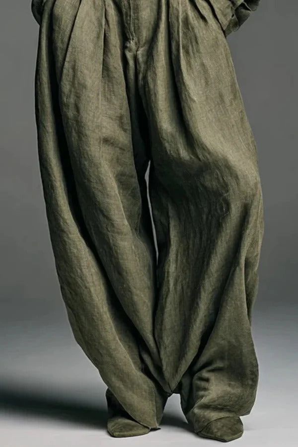 Linen Blend Lapel Long-sleeved Casual Shirt and High-waist Pocket Loose Wide-leg Pants Set