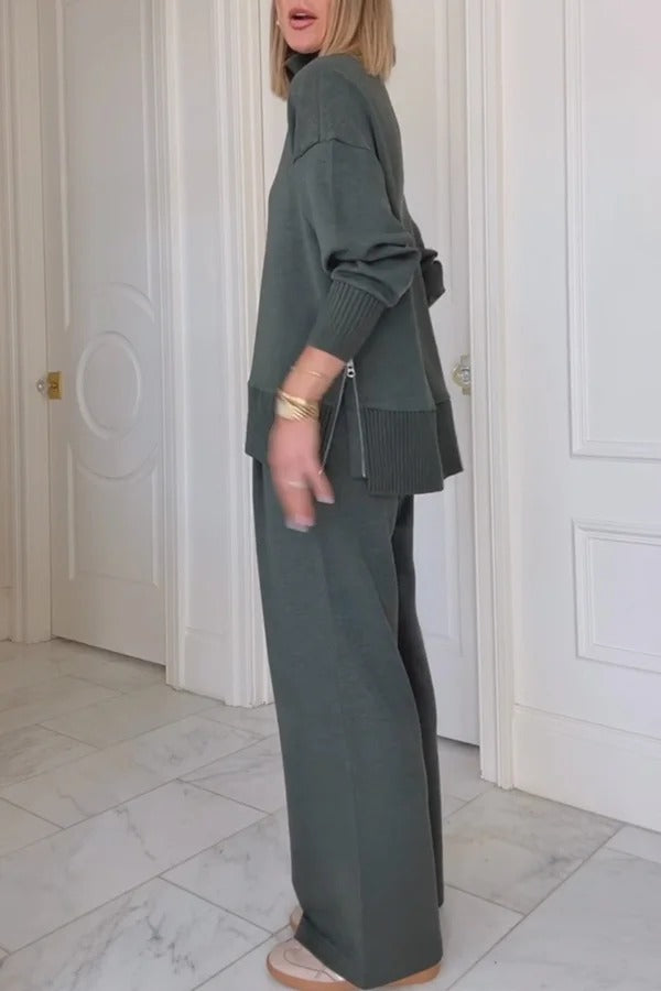 Barker High-Neck Long Sleeve Side Zipper Sweatshirt and Elastic Waist Pocketed Loose Pants Set