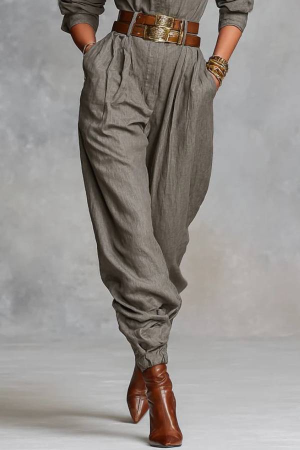 Cotton And Linen Blended Long Sleeve Shirt Jumpsuit