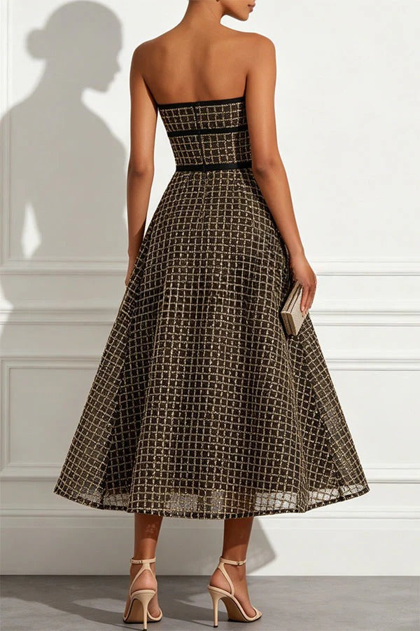 Stardust Plaid and Sequin Bow Patchwork Detail Strapless A-line Midi Dress