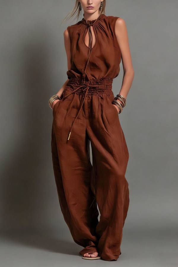 Ruffle Neck Drawstring Sleeveless Wide-Leg Jumpsuit