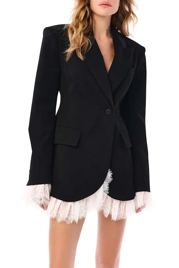 Cue The Chic Lace Trim Button Long Sleeve Lapel Blazer Mini Dress