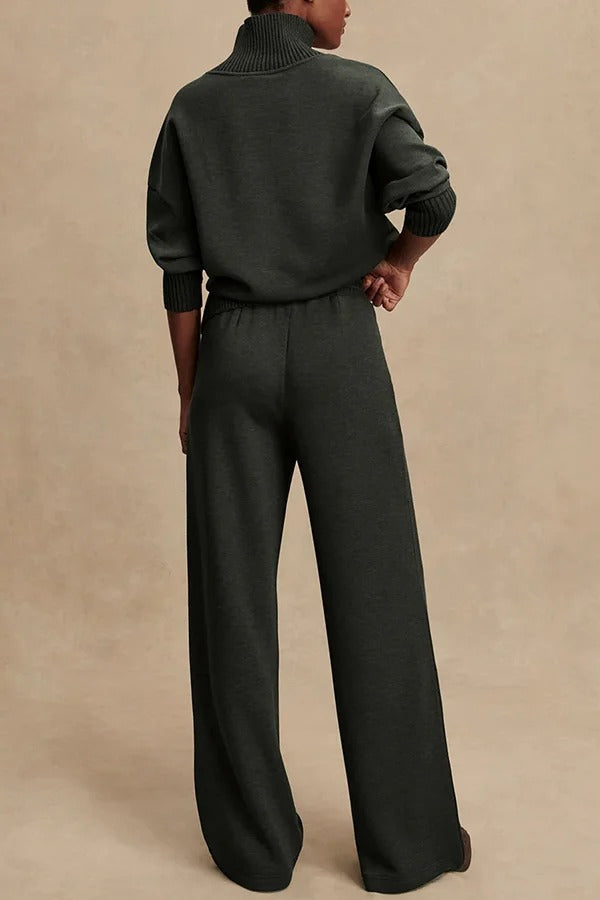 Barker High-Neck Long Sleeve Side Zipper Sweatshirt and Elastic Waist Pocketed Loose Pants Set