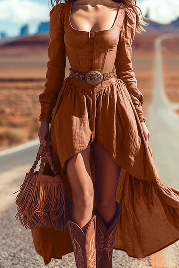 Western retro square neck waist irregular swing dress