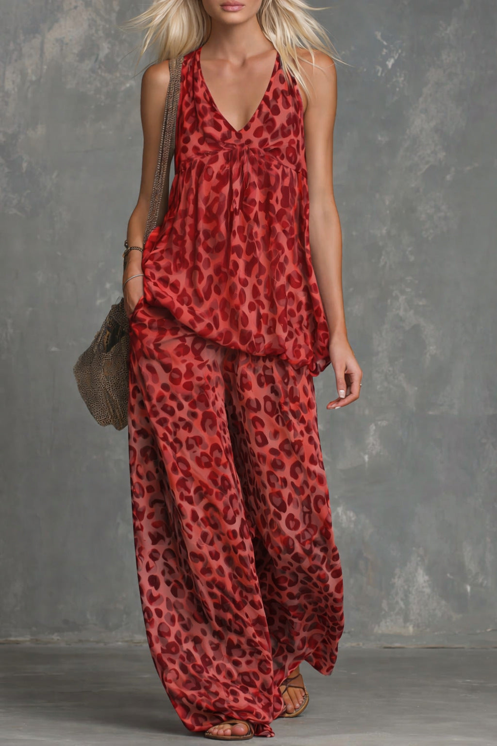 Leopard Print Halter Top & Wide Leg Pants Two-Piece Set