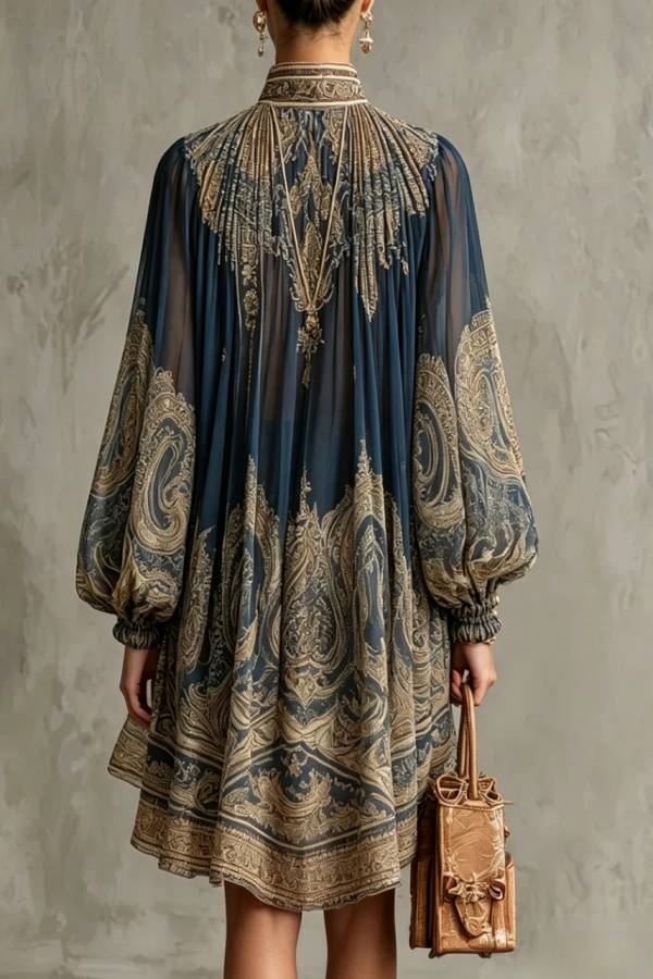 Baroque Print High-neck Irregular Chiffon Mini Dress
