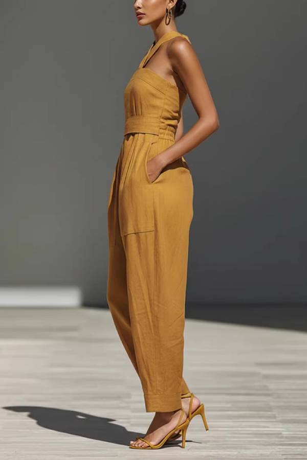 Cross Halter Bandeau Waistband Wide Leg Cargo Jumpsuit