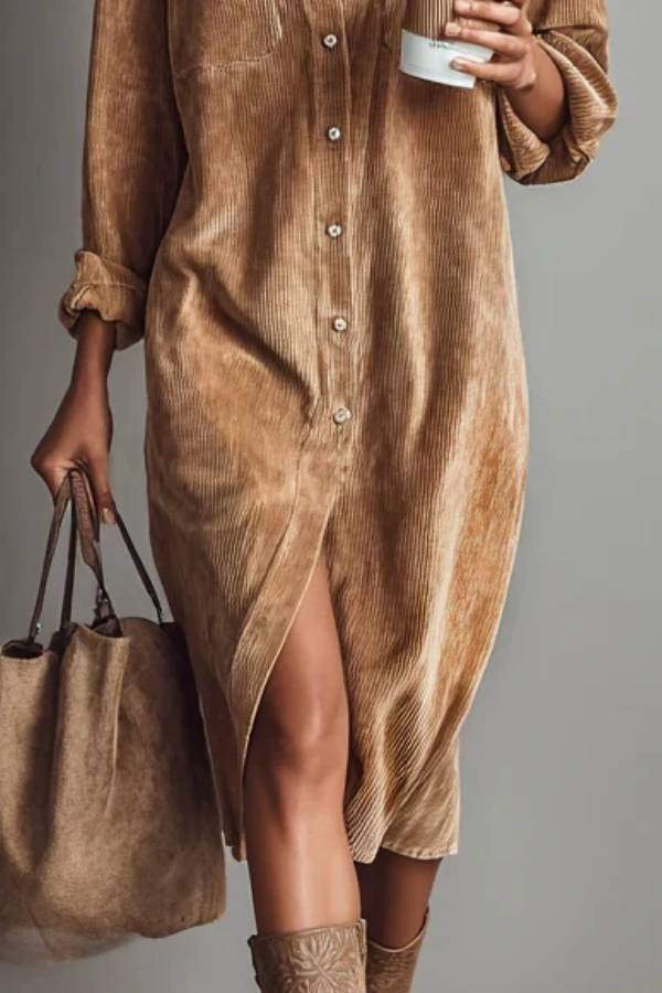 Loose Corduroy Double Chest Pocket Single Breasted Midi Dress