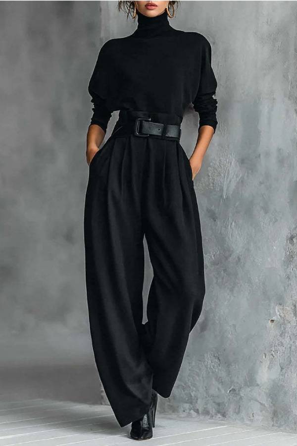 High collar batwing sleeve wide-leg pants suit