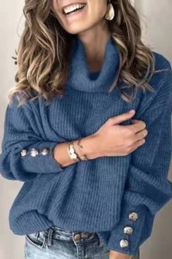 High-neck button-decorated loose knit sweater