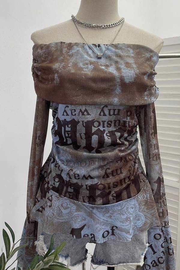 Art print off-the-shoulder pleated mesh top