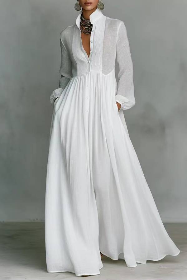 Stand Collar Sheer Pleated Long Sleeve Maxi Dress