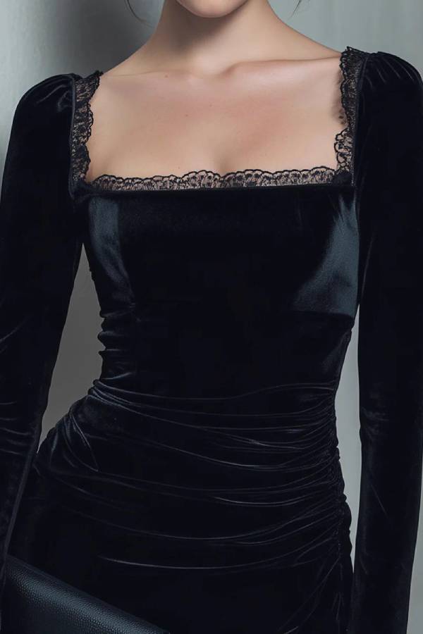 Velvet Lace Square-Neck Bodycon Dress