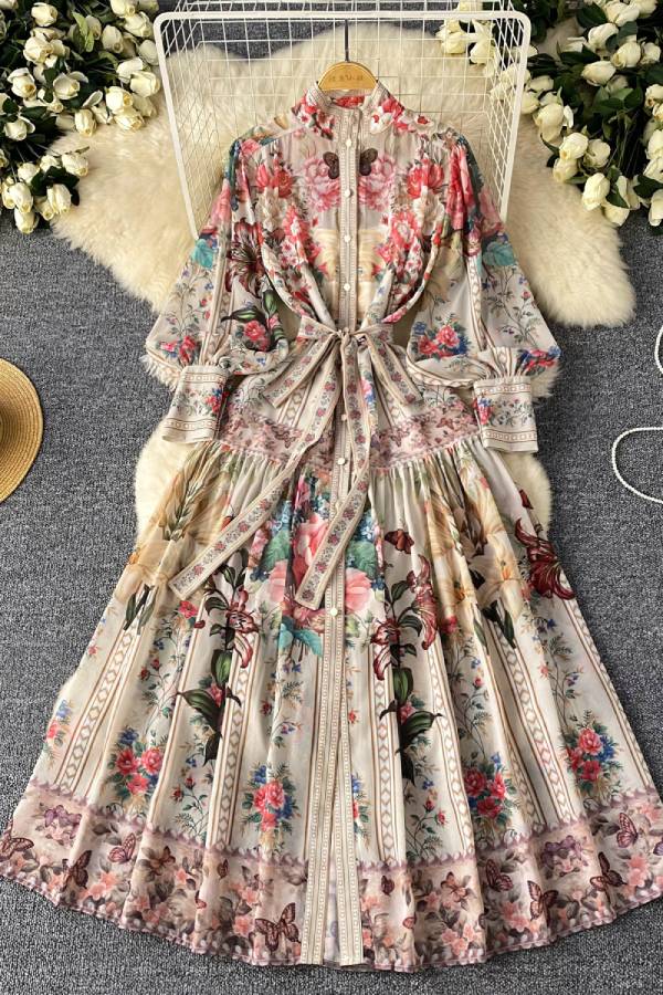 Retro floral butterfly print stand-up collar tie-waist long dress